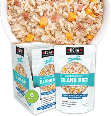 Koha Bland Diet pet food packages with a bowl of rice and vegetables in the background.