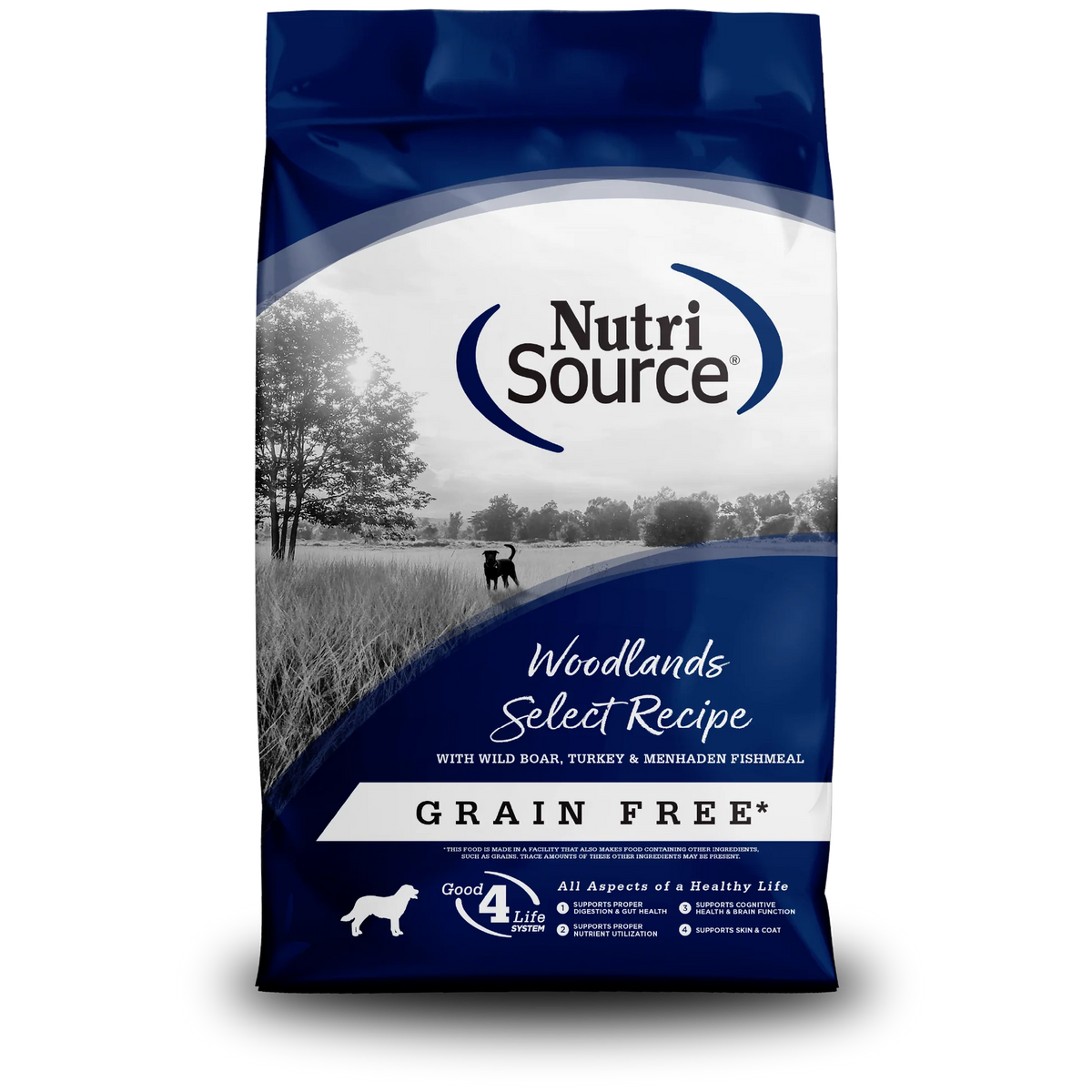 NutriSource dog food bag with a blue and white design featuring a silhouette of a dog and trees.