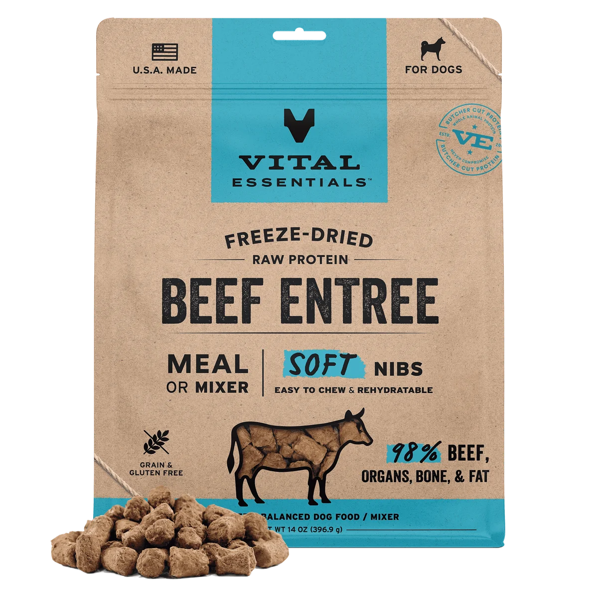 Vital Essentials freeze-dried raw protein beef entree for dogs packaging on a white background