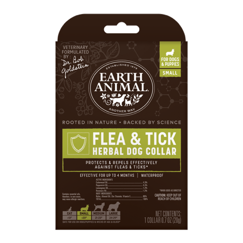 Earth Animal flea and tick herbal dog collar packaging on a black background