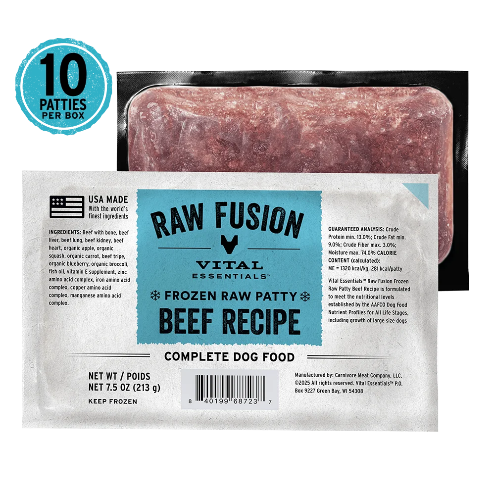 Package of Raw Fusion Vital Essentials Frozen Raw Patty Beef Recipe dog food with label and beef patty visible.