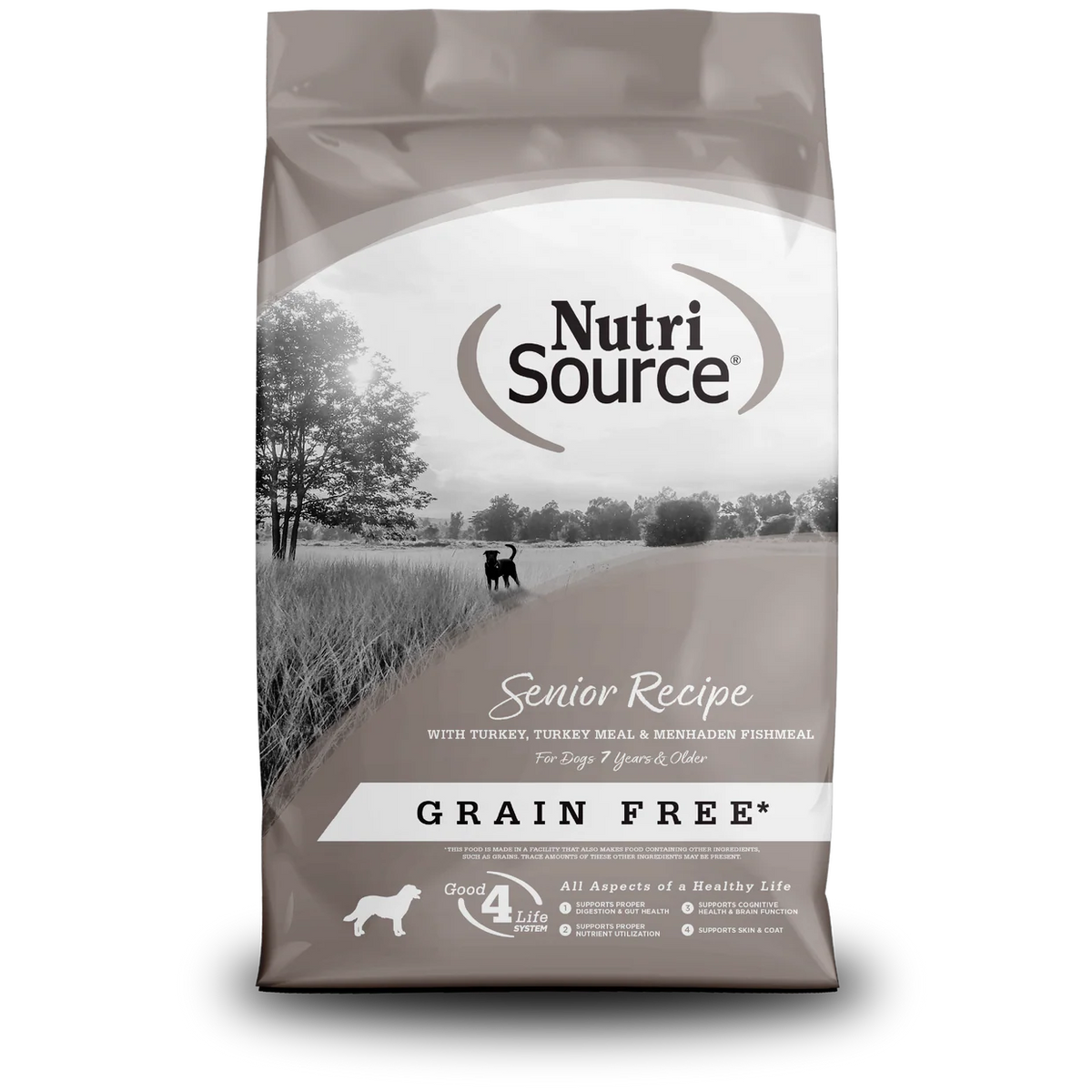 NutriSource senior recipe grain-free dog food bag on a white background