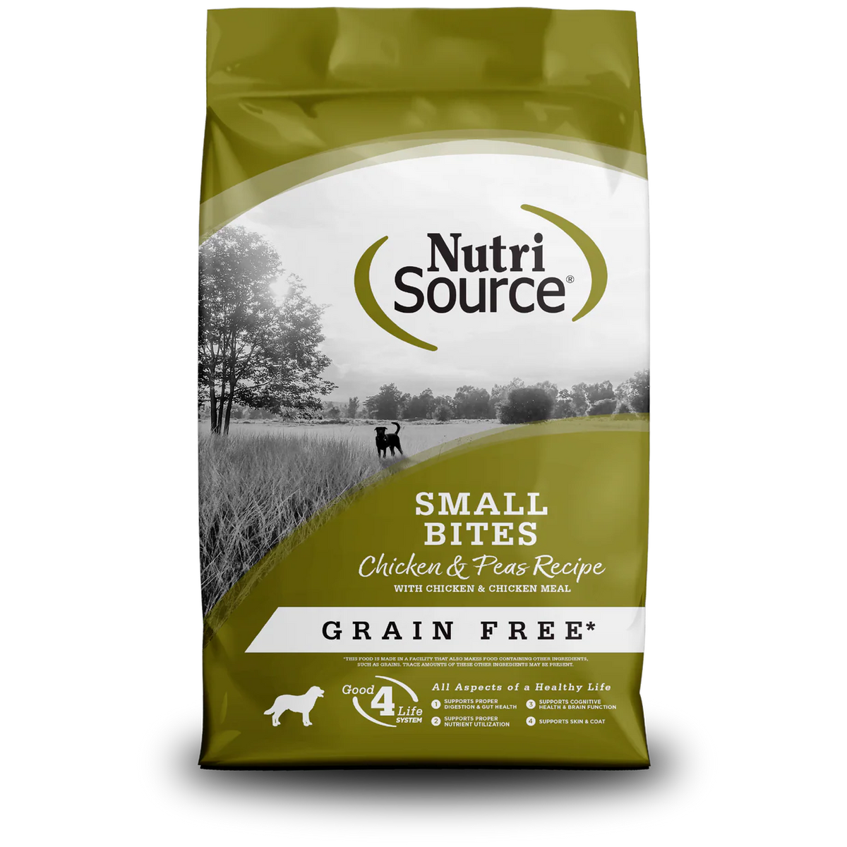 Bag of NutriSource Small Bites dog food with a scenic background