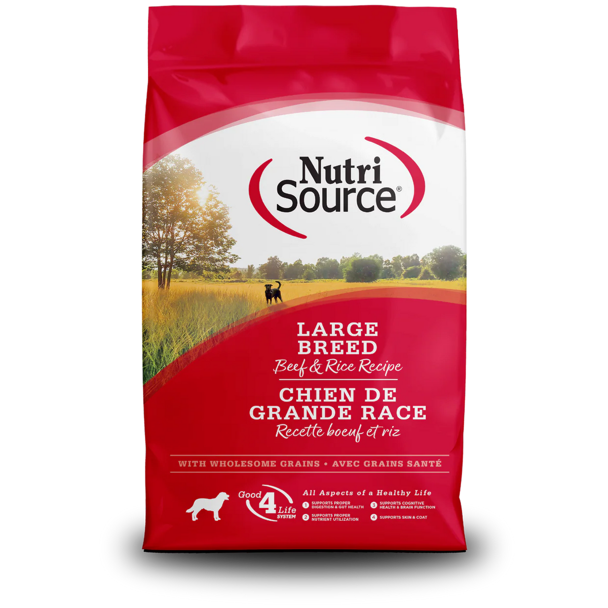 Red bag of NutriSource dog food for large breeds with a scenic background