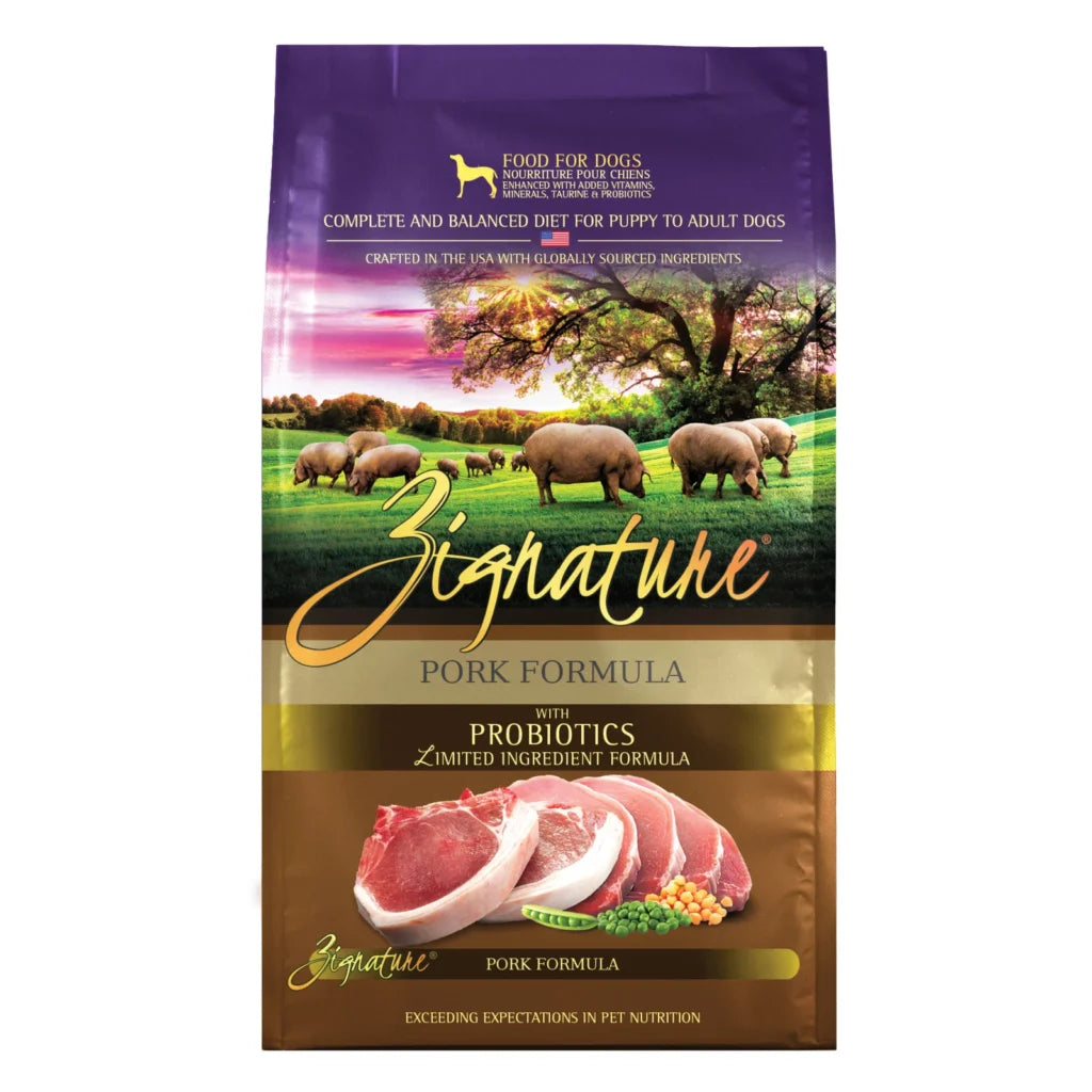 Dog food package with 'Zignature' branding and images of pigs and a scenic background.