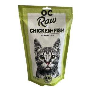 OC Raw chicken and fish cat food package on a white background