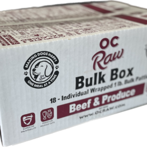 OC Raw Bulk Box packaging for dog food with branding and product details.