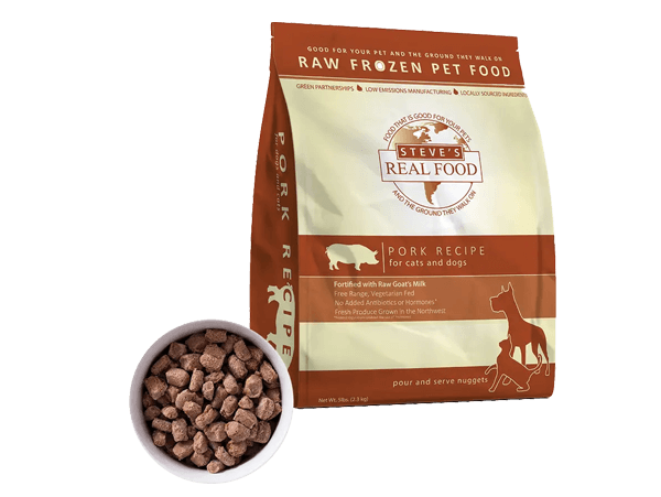 Bag of Steve's Real Food raw frozen pet food with a bowl of pet food on a white background
