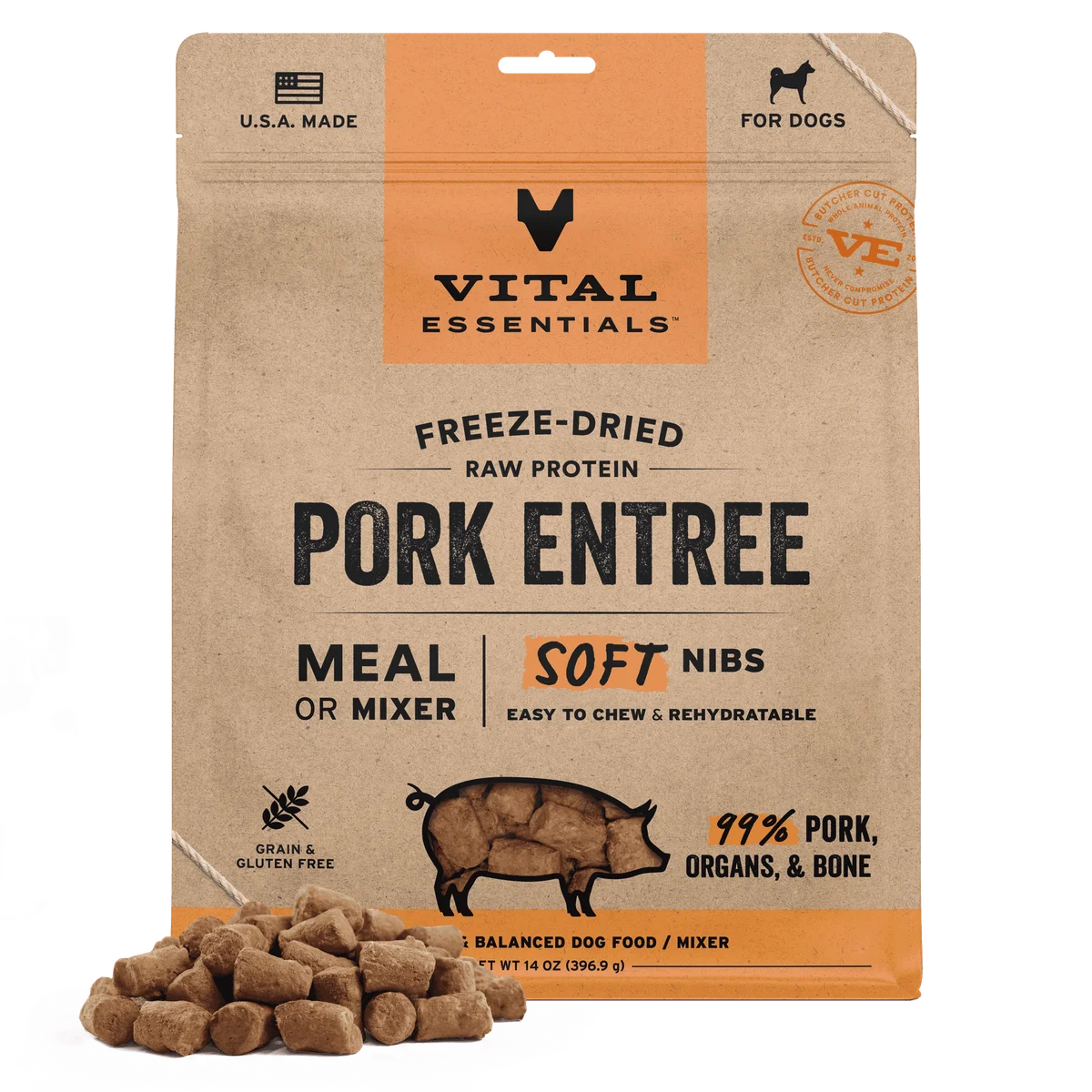 Vital Essentials freeze-dried raw protein pork entree for dogs packaging with dog food in front.