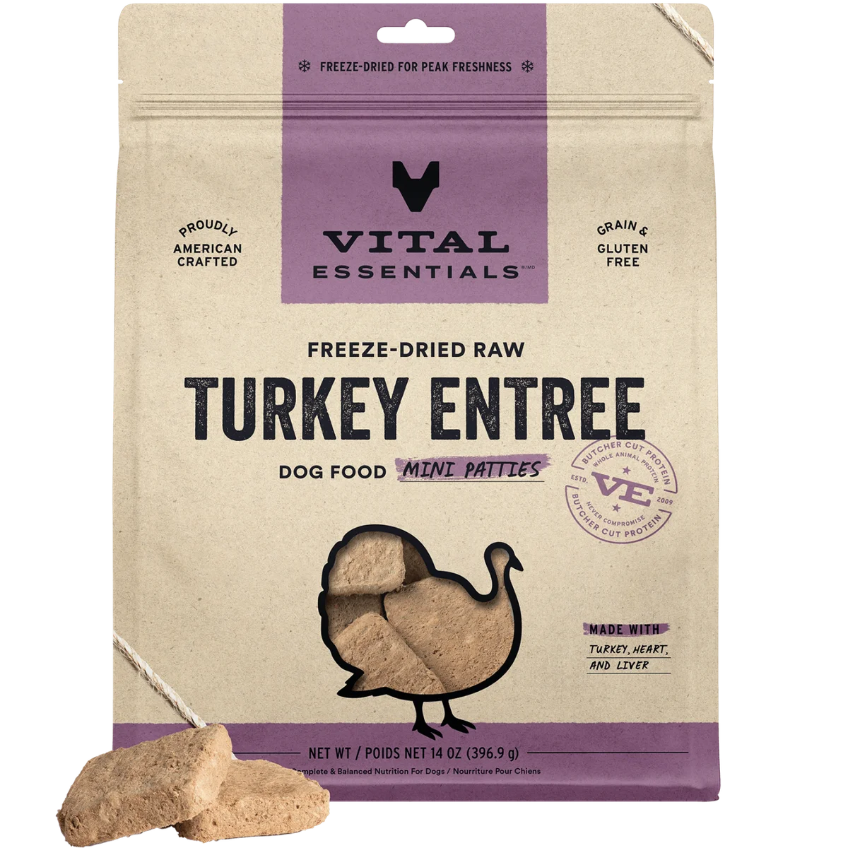 Vital Essentials freeze-dried raw turkey entree dog food package on a white background